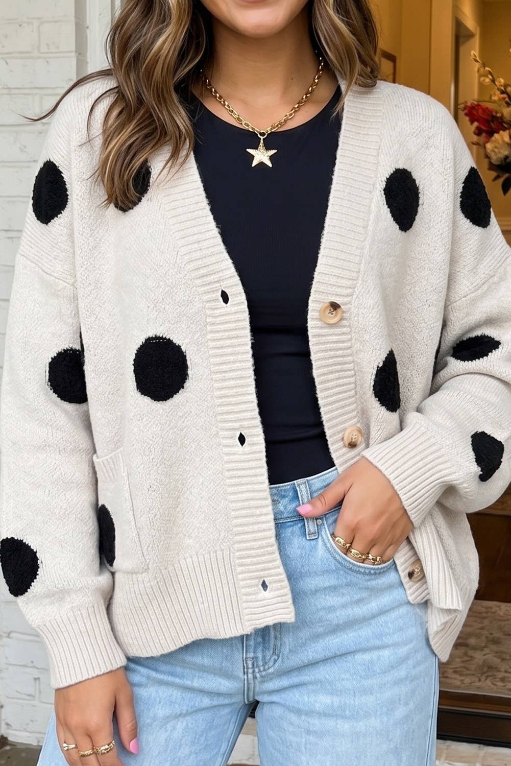 LAS Polka Dot Oversized Button Front Cardigan (S-XL)