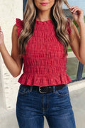 Plaid Shirred Ruffle Trim Tank Top | S-XL: Red / S