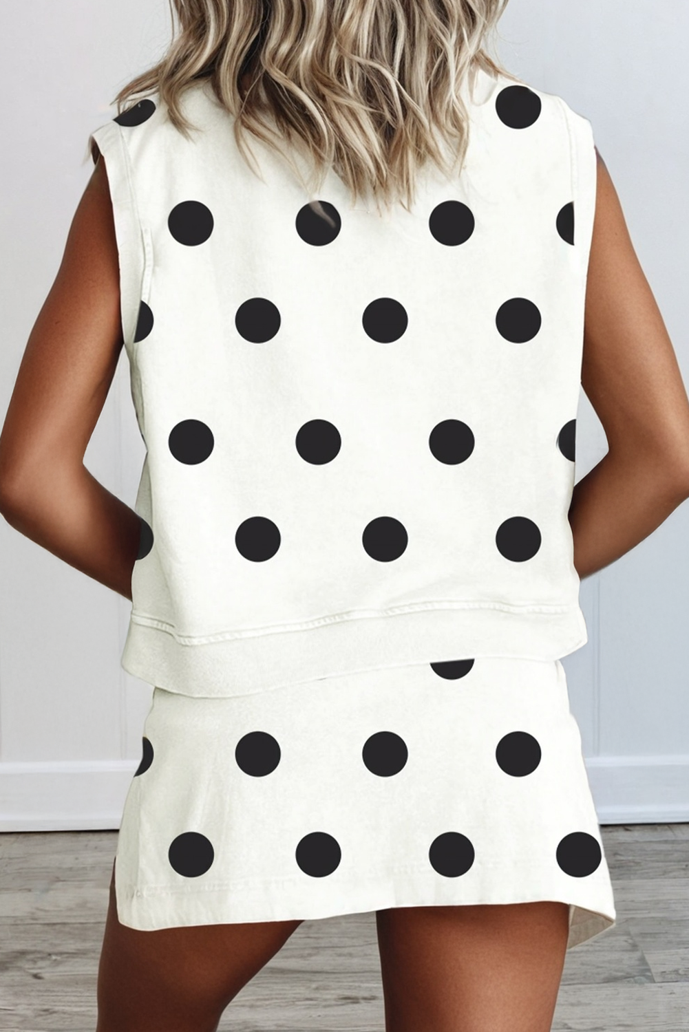 LAS Ribbed Trim Polka Dot Tank Split Mini Skort Set(S-4X): Blue / Missy / XL