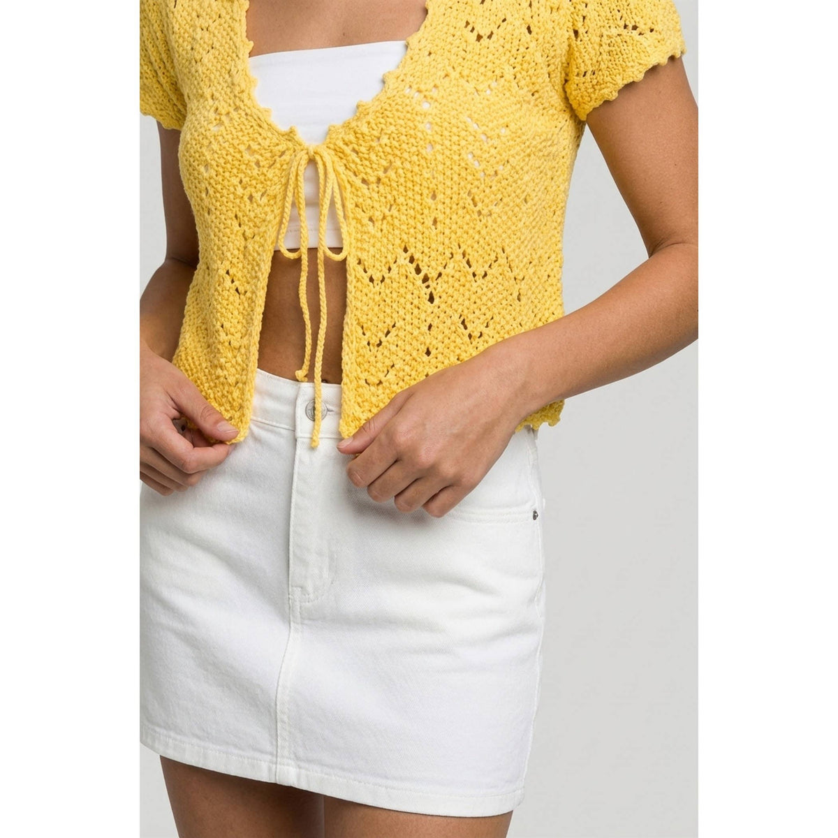 Pointelle Tie Front Knit Cardigan