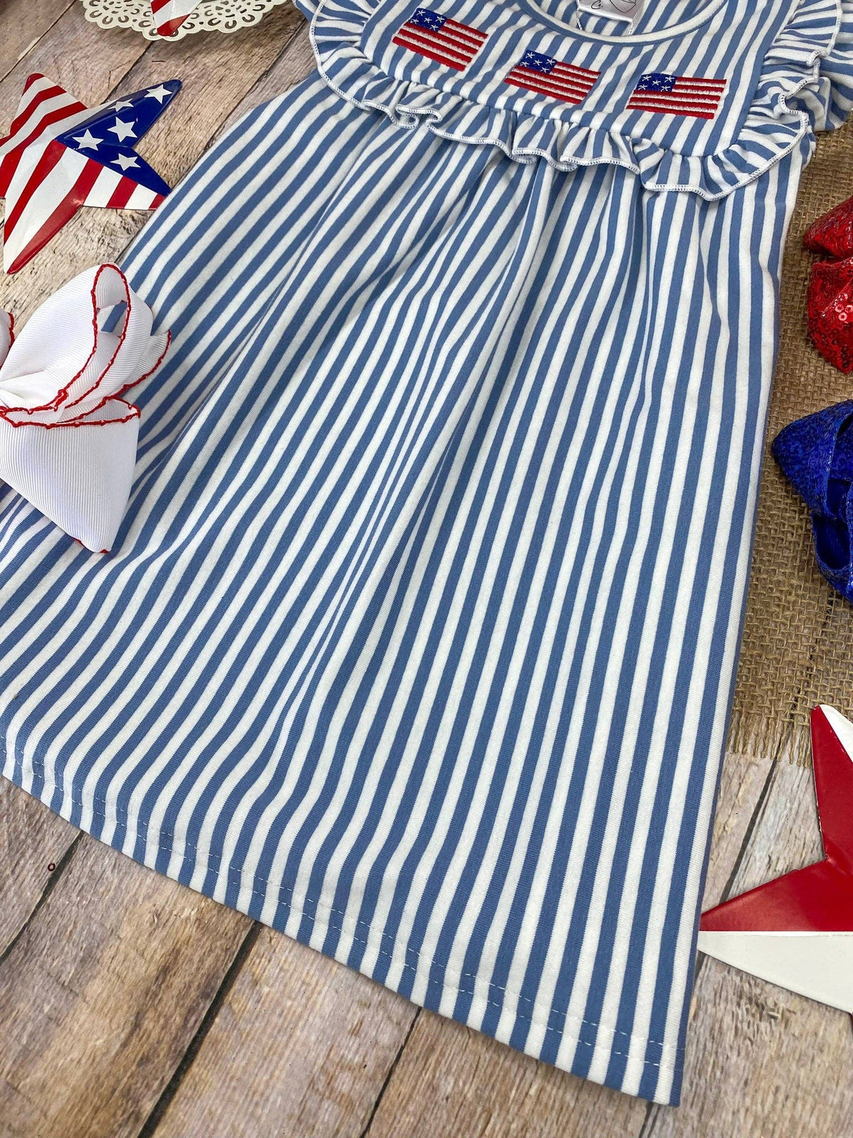 Blue Stripe American Flag Twirl Dress | Girls Patriotic Ruffle Dress