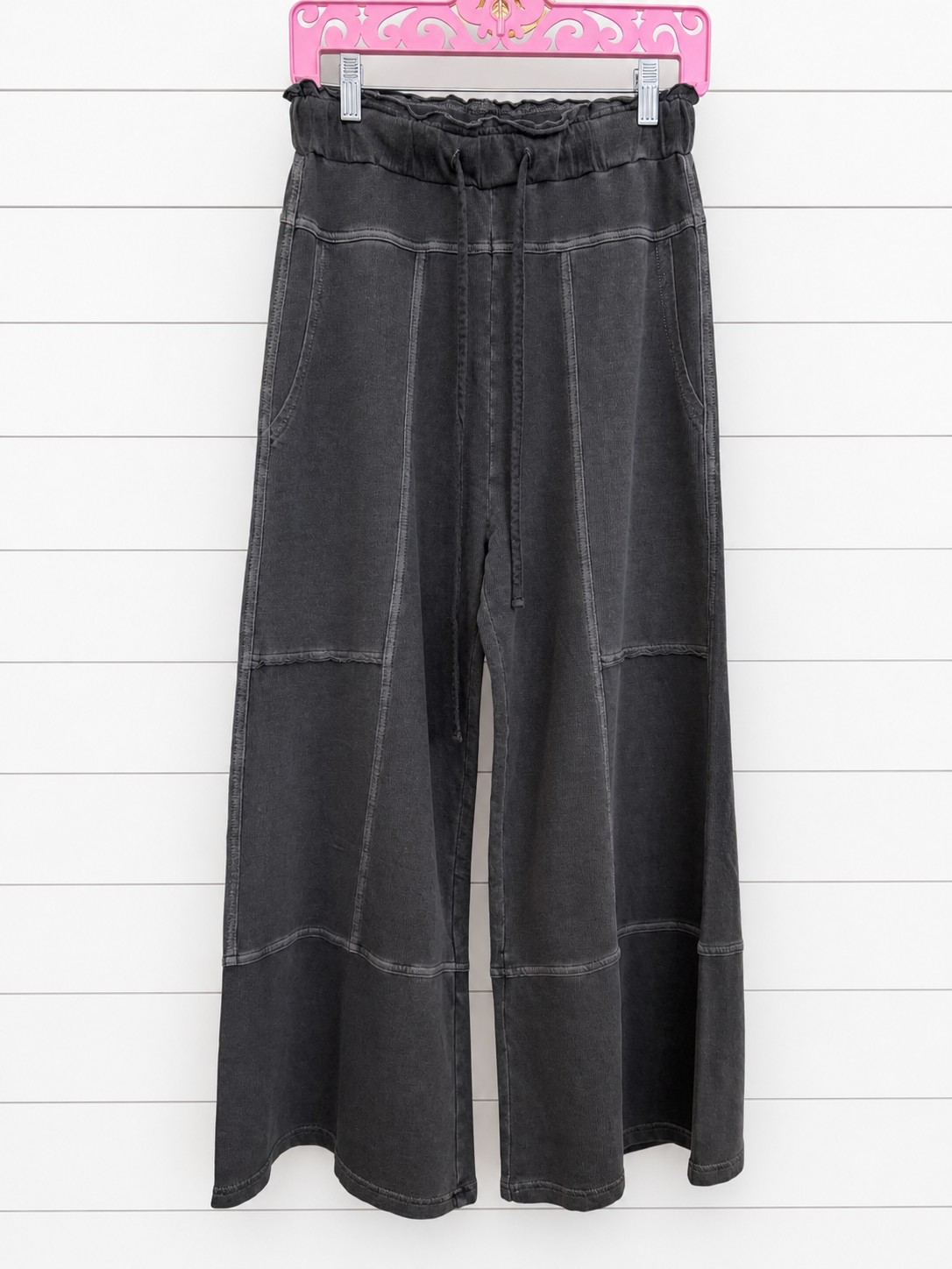 Black French Terry Washed Wide Leg Pants