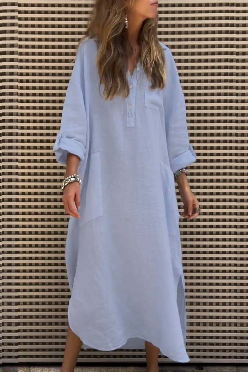 CWDMD6337_SOLID ASYMMETRICAL BUTTONED POCKET MAXI DRESS