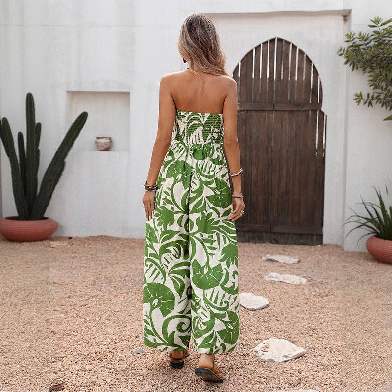 Women Strapless Tropical Print Wide Leg Jumpsuit Summer (M)