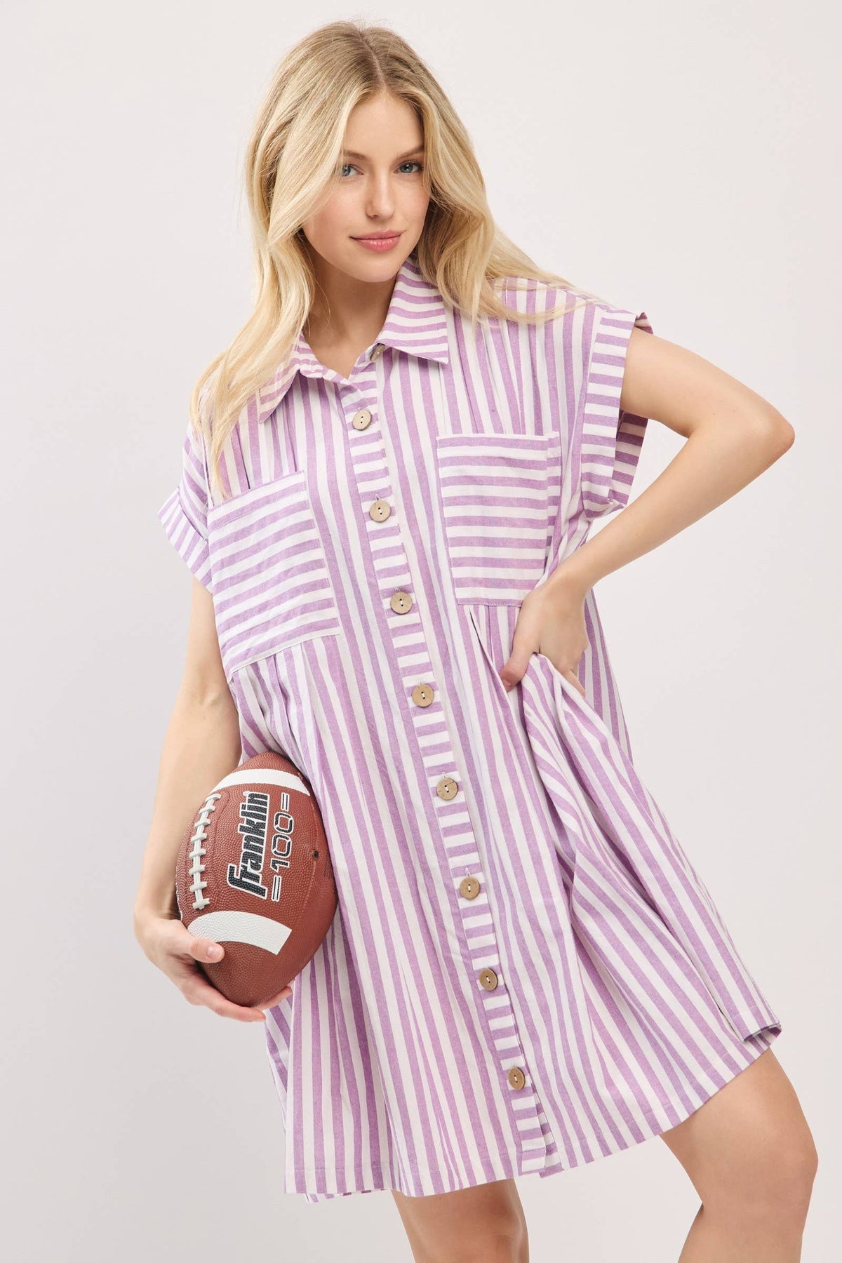 COTTON STRIPED BUTTON DOWN TUNIC DRESS