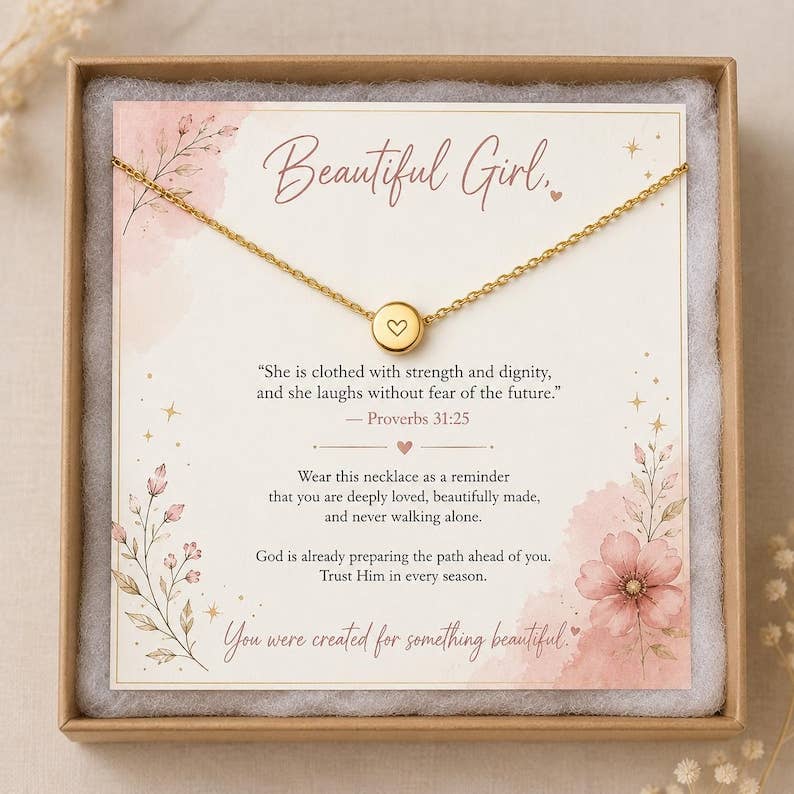Gold Heart Necklace for Women, Christian Gift for Her, Proverbs 31:25 Jewelry, Faith Based Necklace, Meaningful Graduation Gift