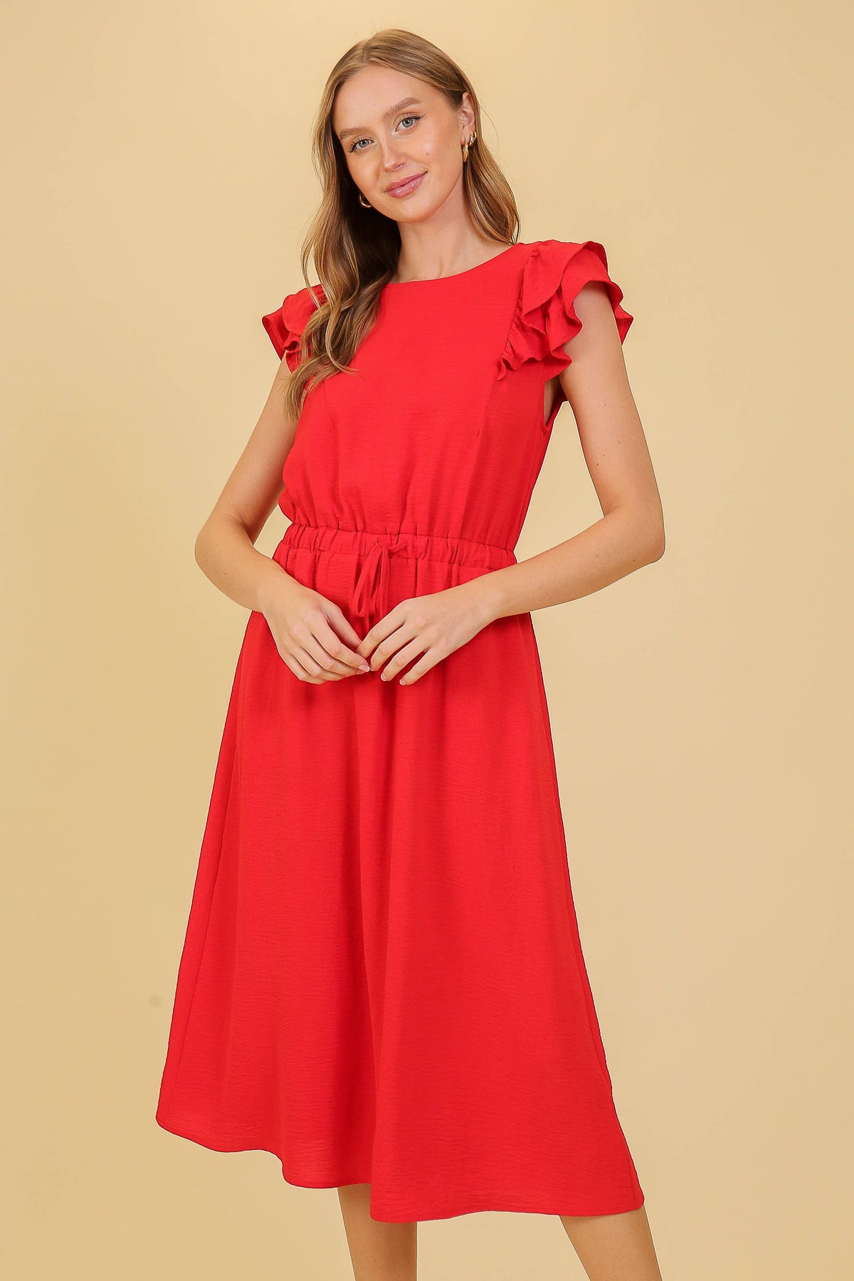 Cap Ruffle Tiered Sleeve Airflow Midi Dress