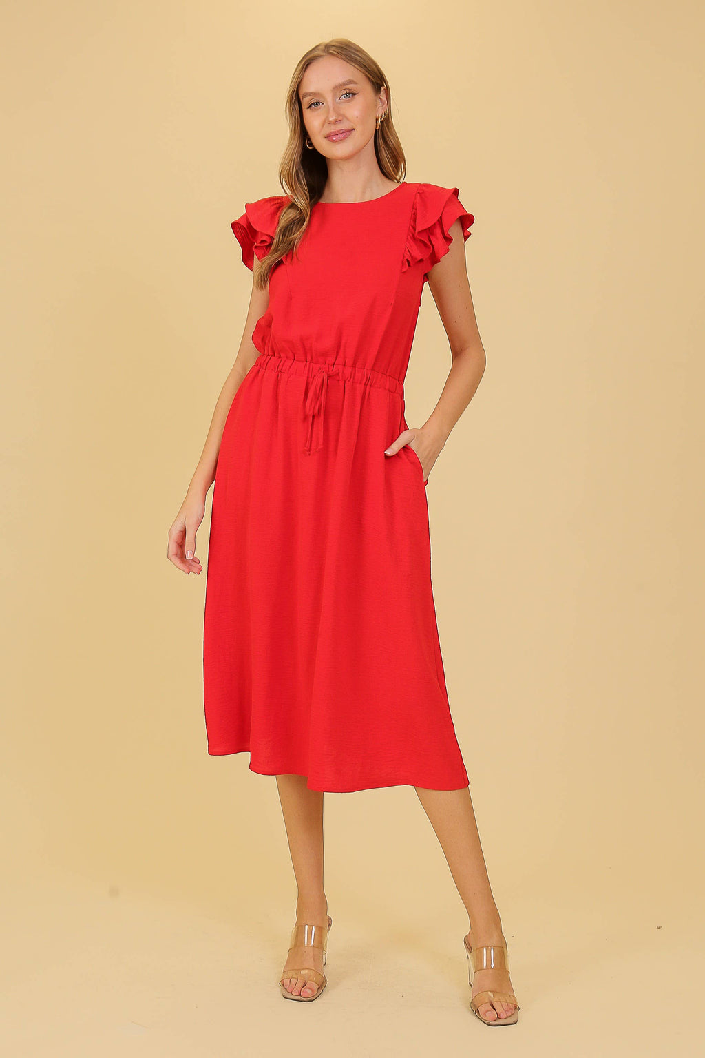 Cap Ruffle Tiered Sleeve Airflow Midi Dress