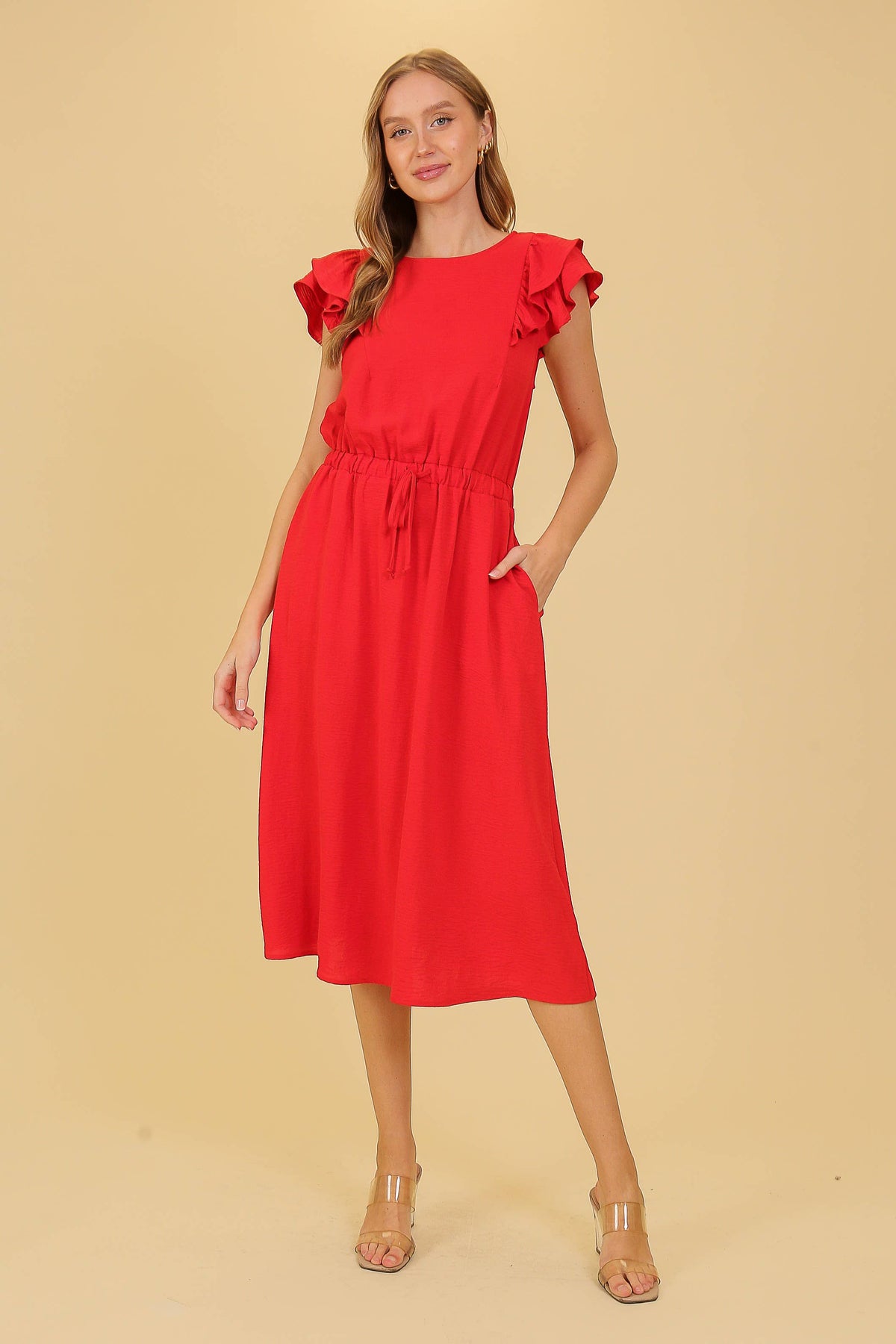 Cap Ruffle Tiered Sleeve Airflow Midi Dress