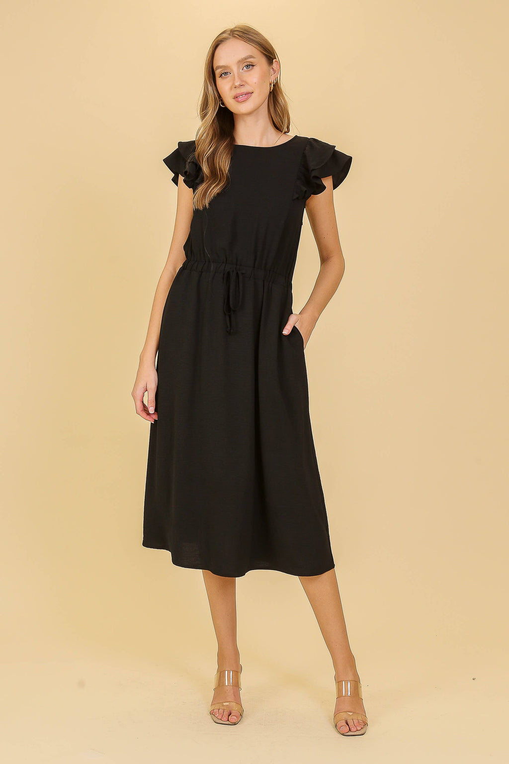 Cap Ruffle Tiered Sleeve Airflow Midi Dress