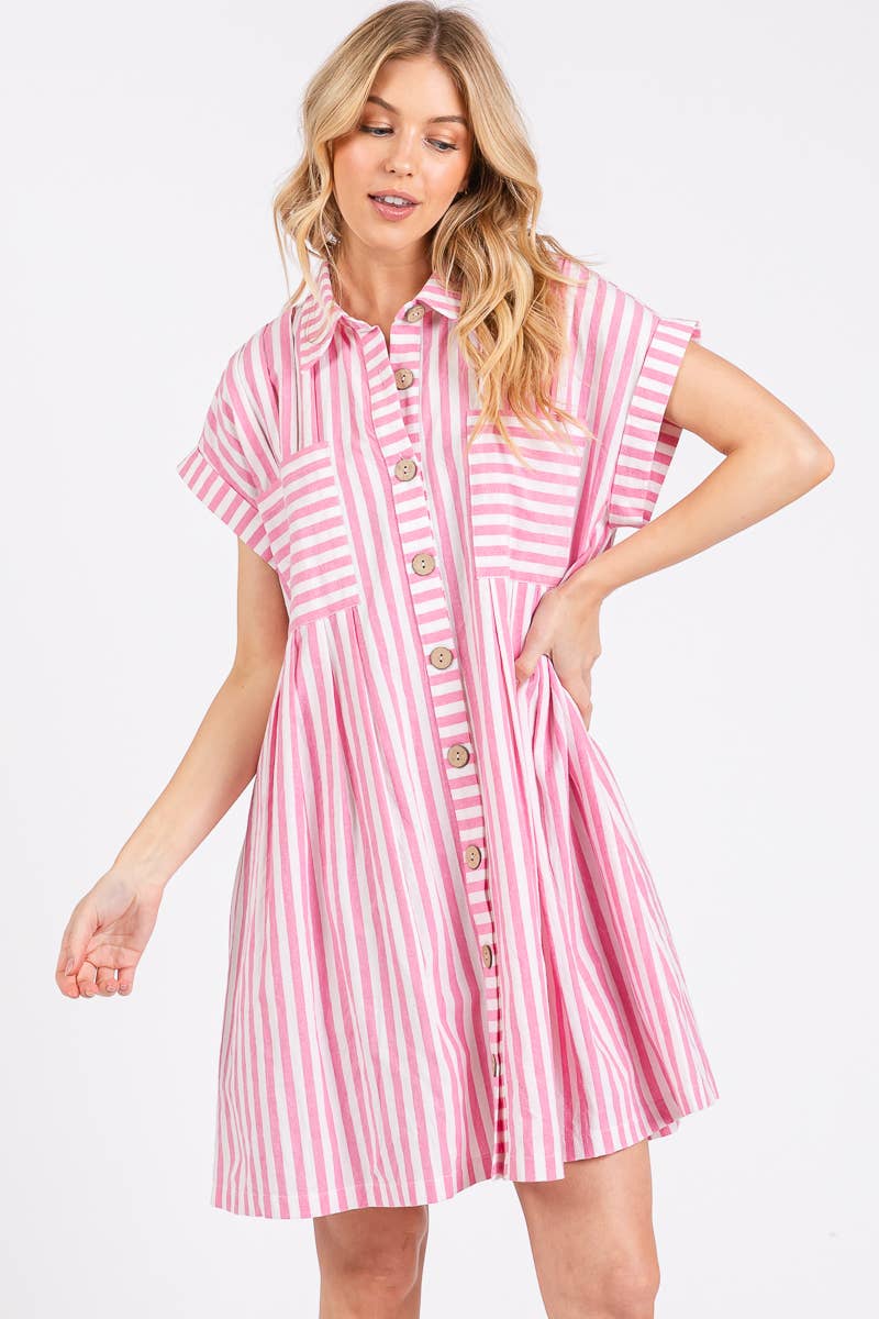 COTTON STRIPED BUTTON DOWN TUNIC DRESS