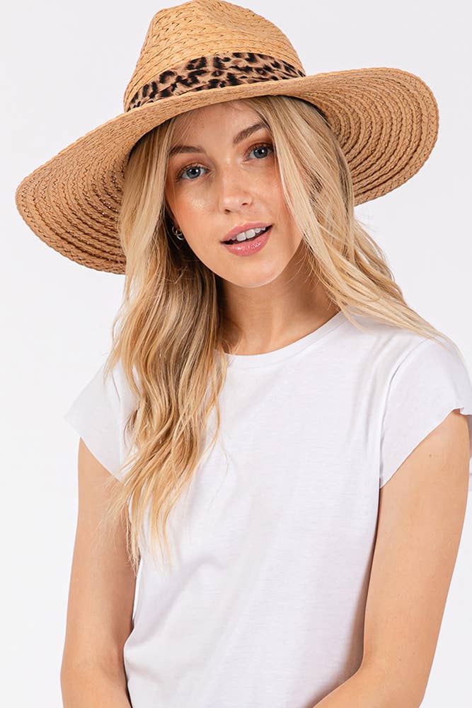 Leopard Trim Band Summer Straw Sun Hat