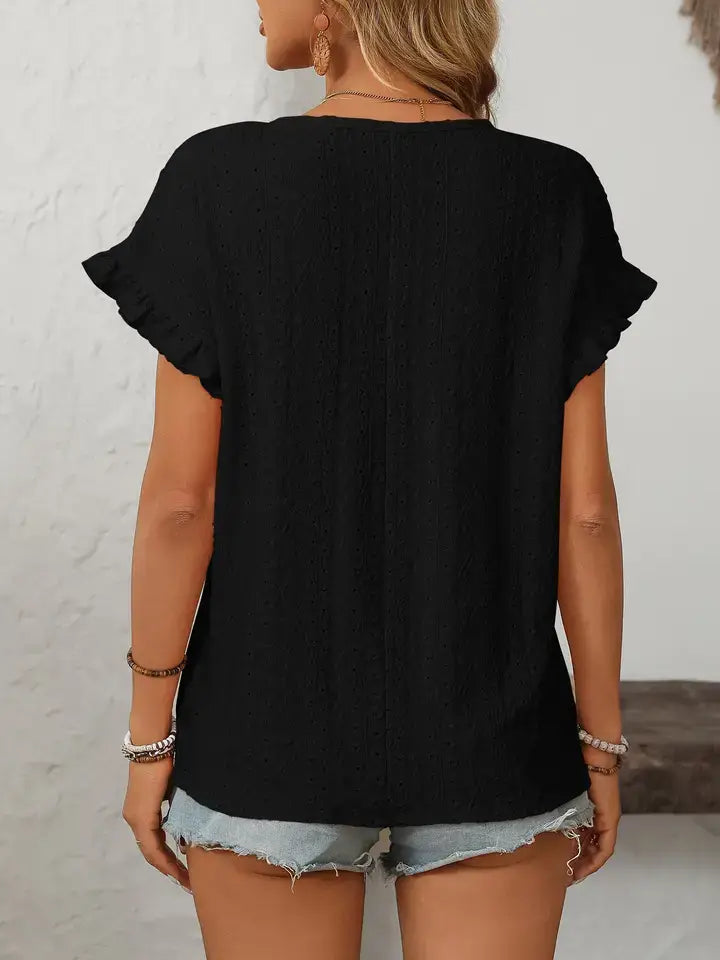 Solid Color Crewneck Hollow-Out Short-Sleeve Top: Turquoise S