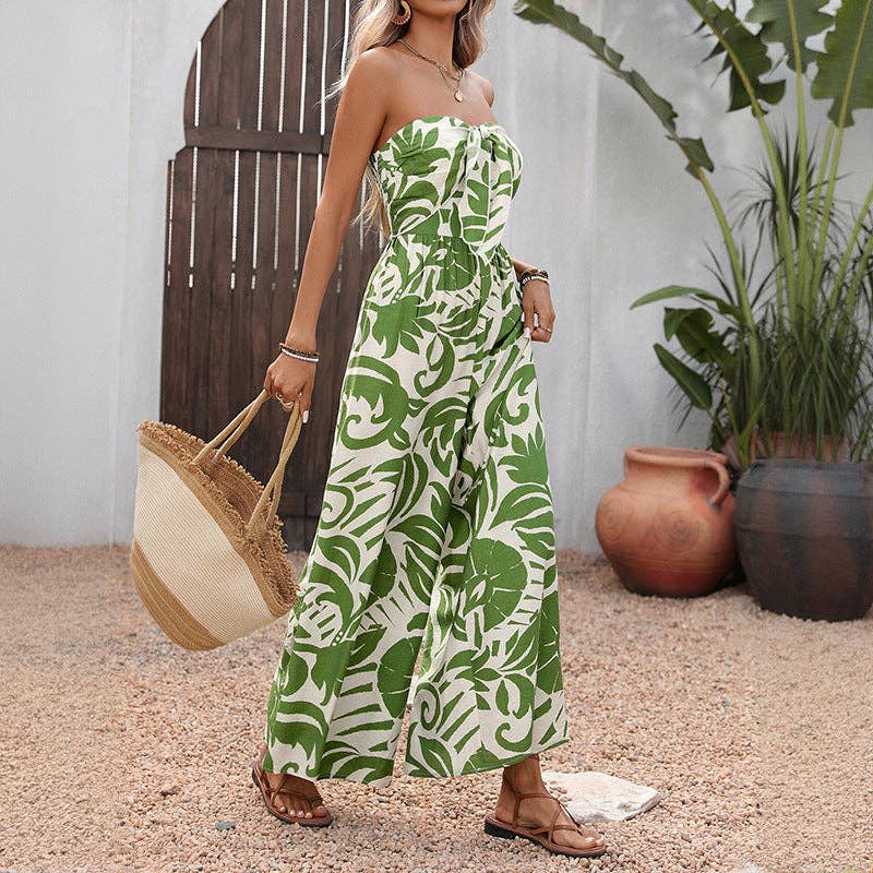 Women Strapless Tropical Print Wide Leg Jumpsuit Summer (XL)