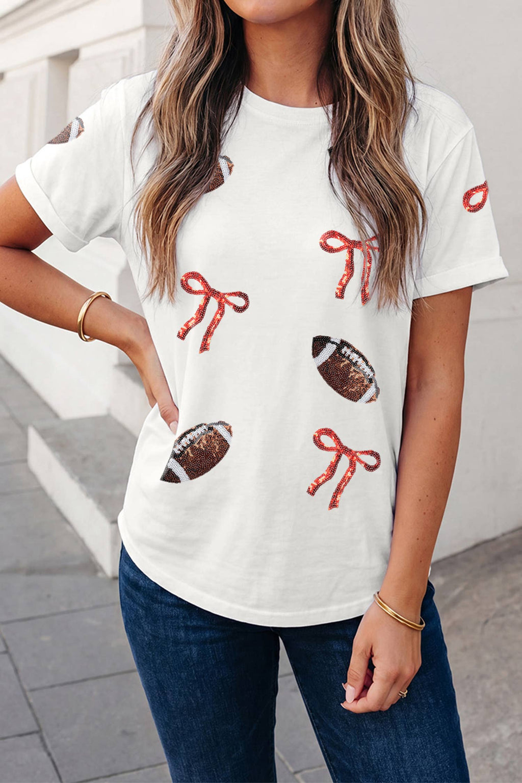Sequin Rugby Bow Print Round Neck Graphic Shift Tee | S-3XL