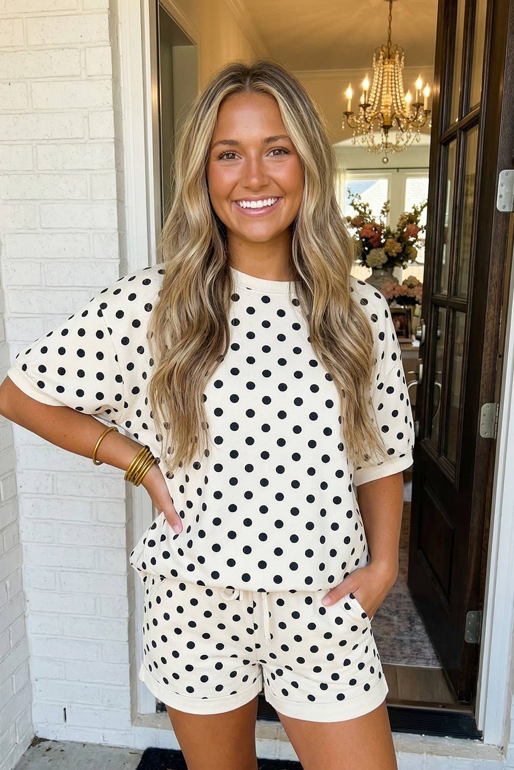 LAS-LIVE Polka Dot Print Top Drawstring Shorts Set (S-XL): Sky Blue / Missy / L