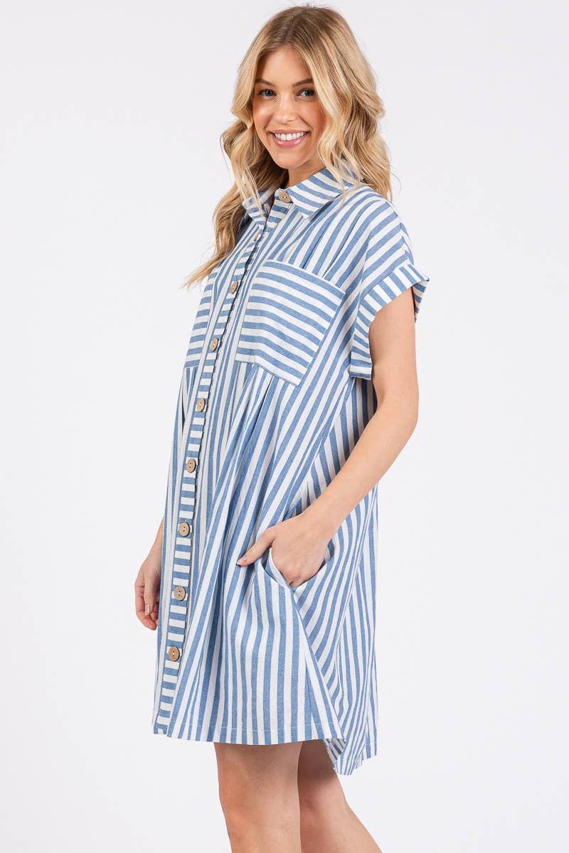 COTTON STRIPED BUTTON DOWN TUNIC DRESS