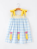 Girls Back To School Pencil Plaid Dress Bow Applique Smocked