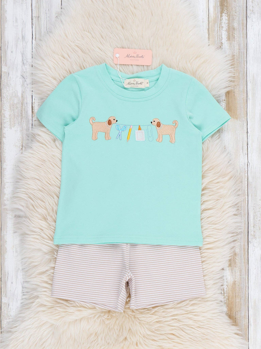Adorable Dogs & School Supplies Embroidered Ruffle Outfit