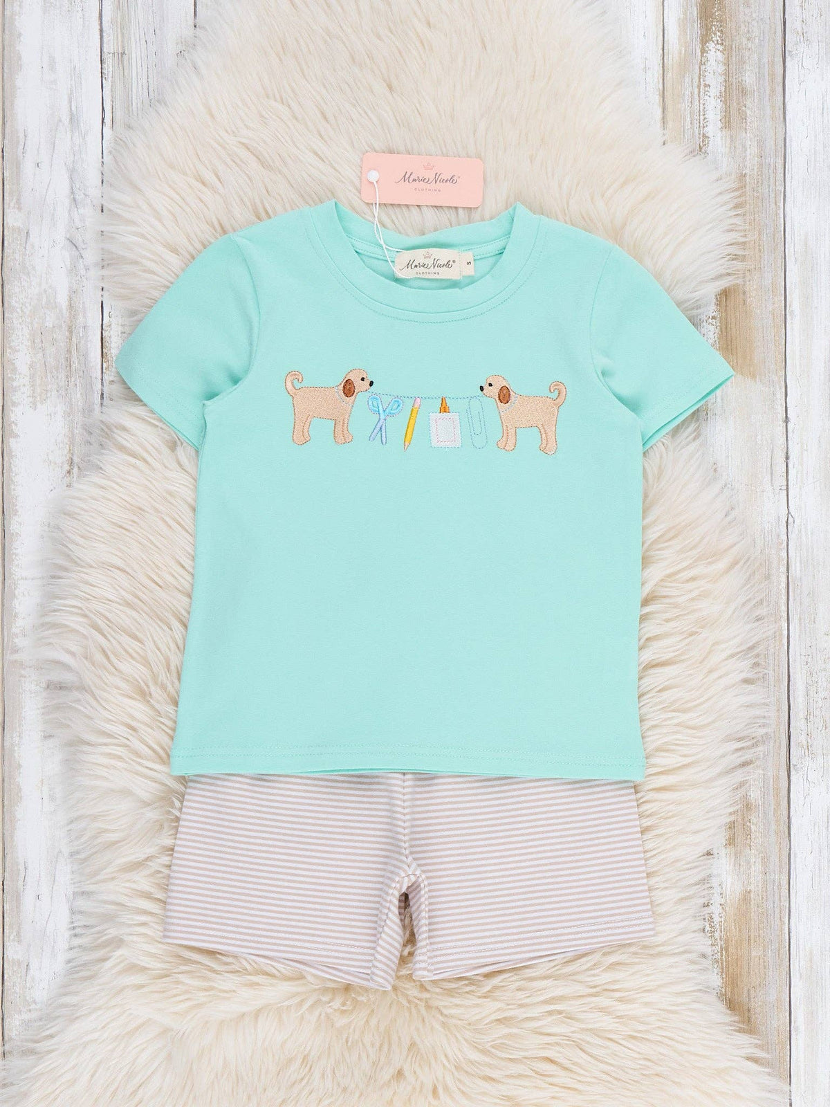Adorable Dogs & School Supplies Embroidered Ruffle Outfit