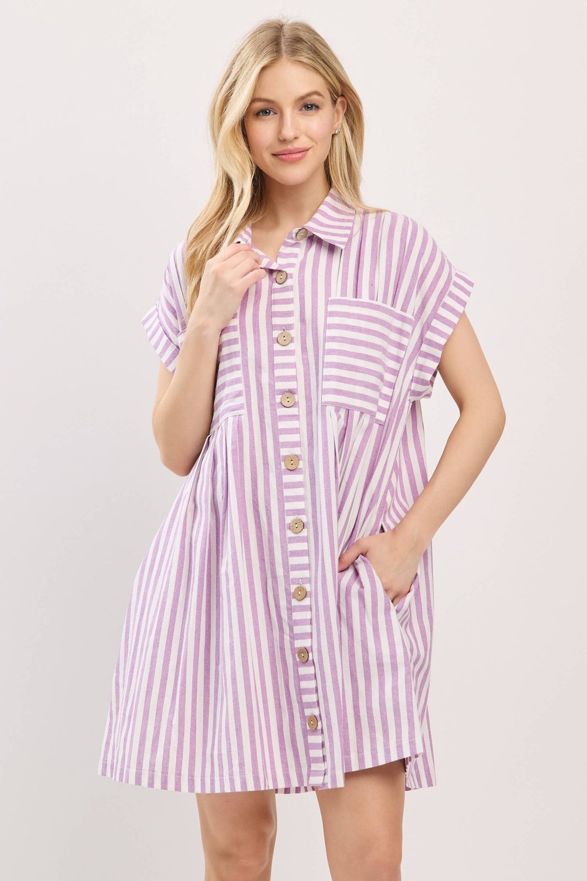 COTTON STRIPED BUTTON DOWN TUNIC DRESS