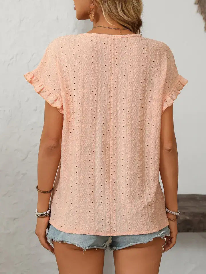 Solid Color Crewneck Hollow-Out Short-Sleeve Top: Turquoise S