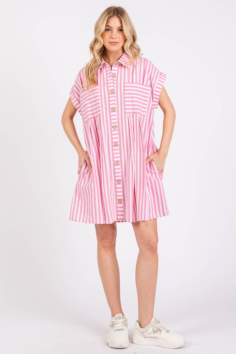 COTTON STRIPED BUTTON DOWN TUNIC DRESS