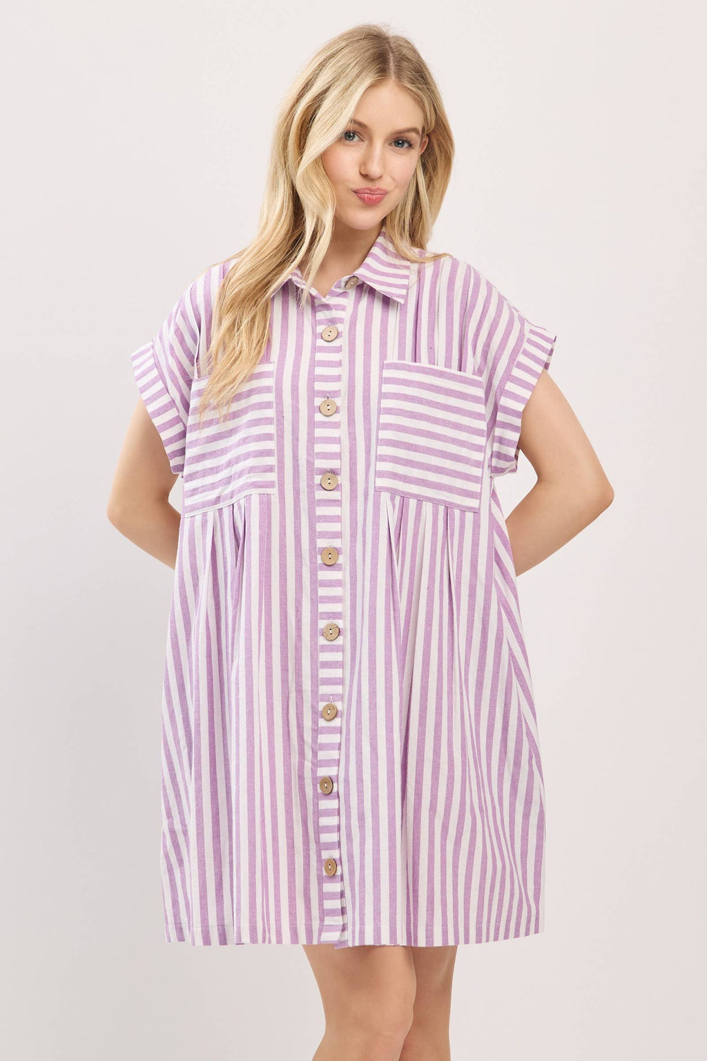 COTTON STRIPED BUTTON DOWN TUNIC DRESS