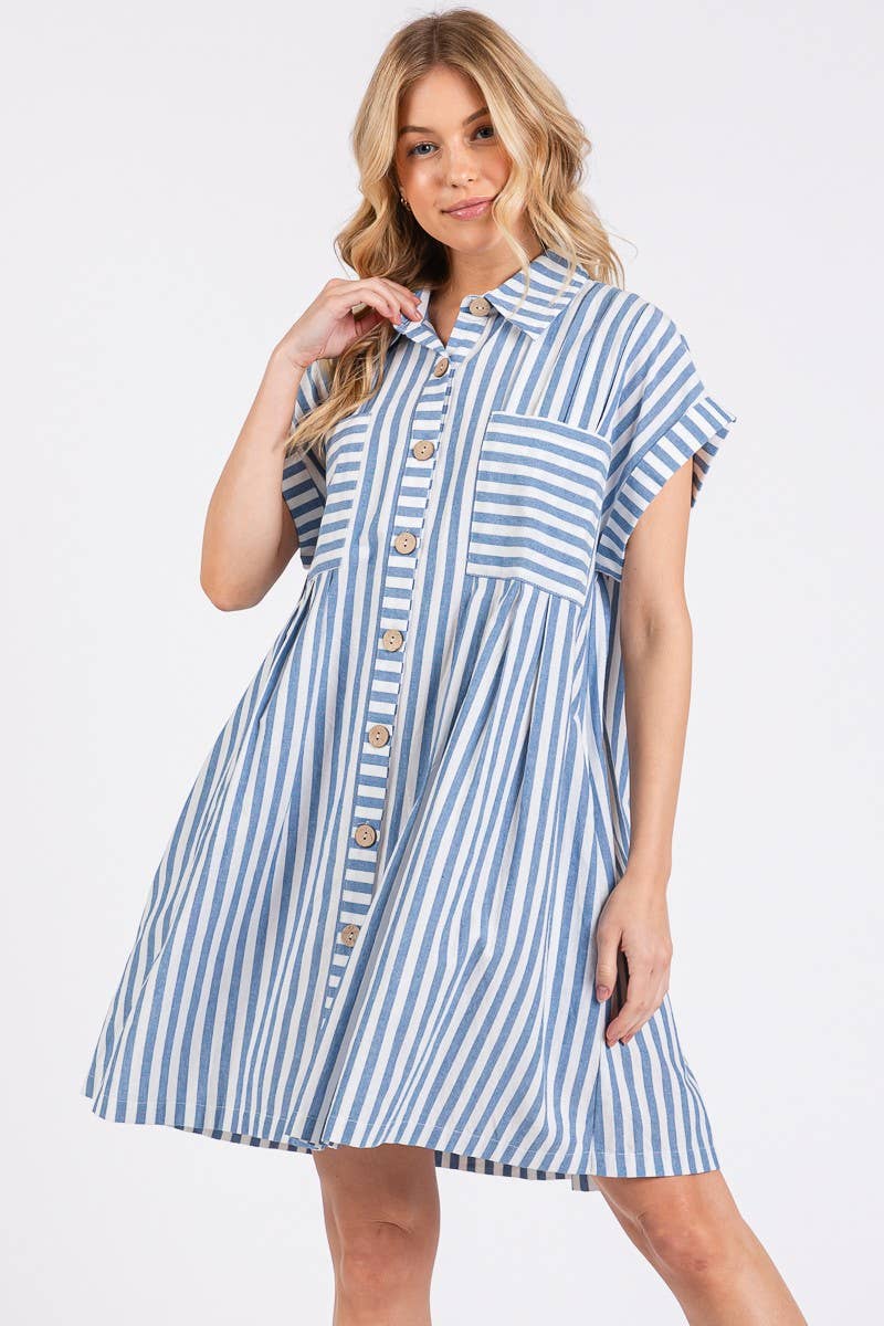 COTTON STRIPED BUTTON DOWN TUNIC DRESS