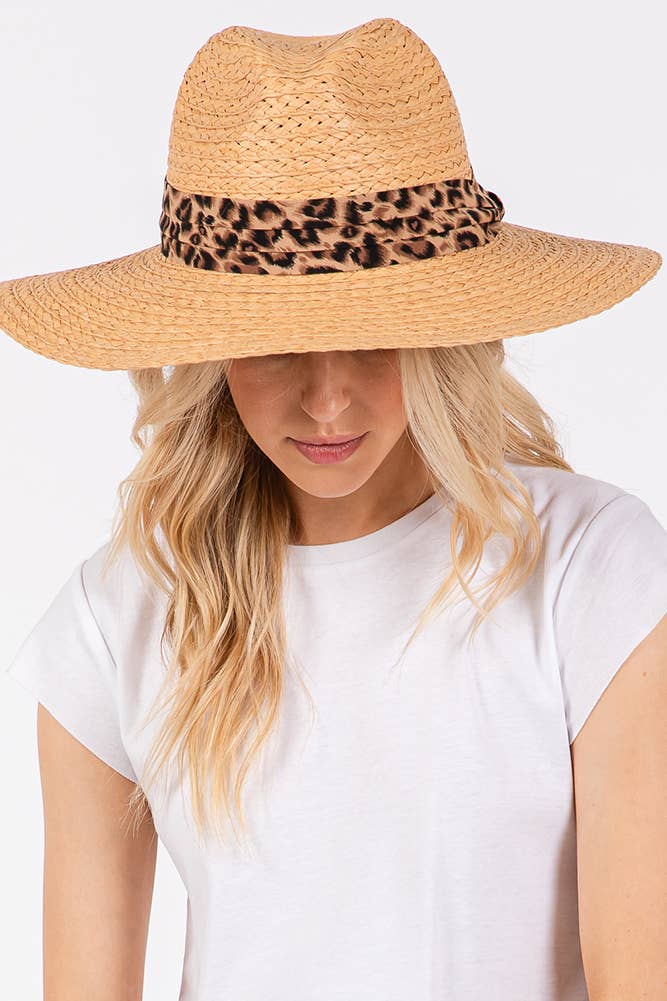 Leopard Trim Band Summer Straw Sun Hat
