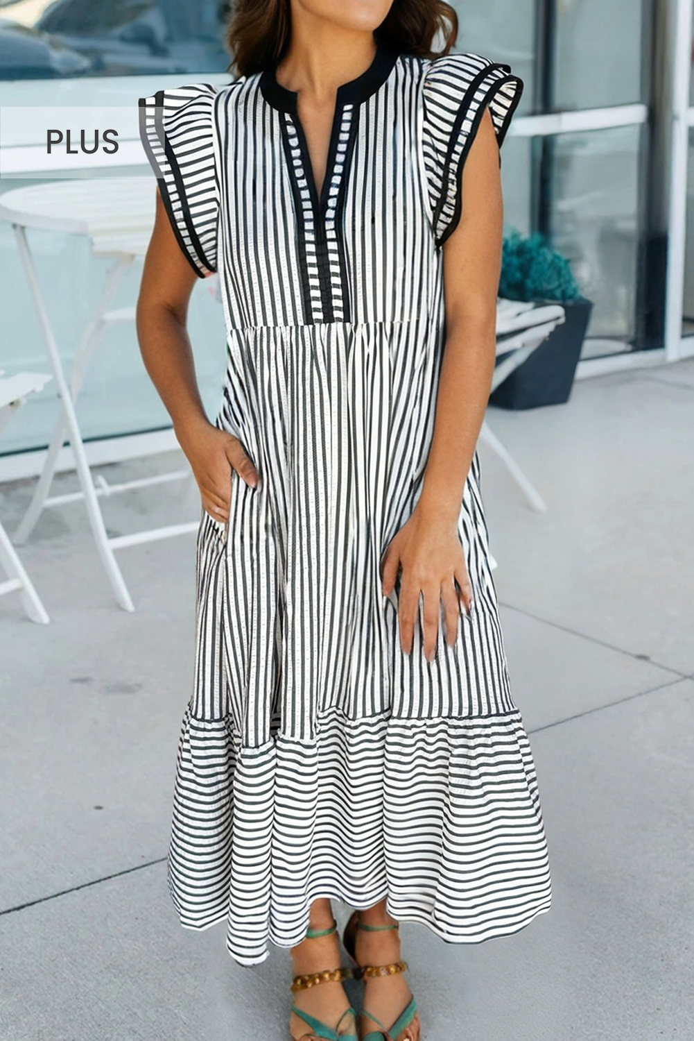Plus Size Stripe V dress tan