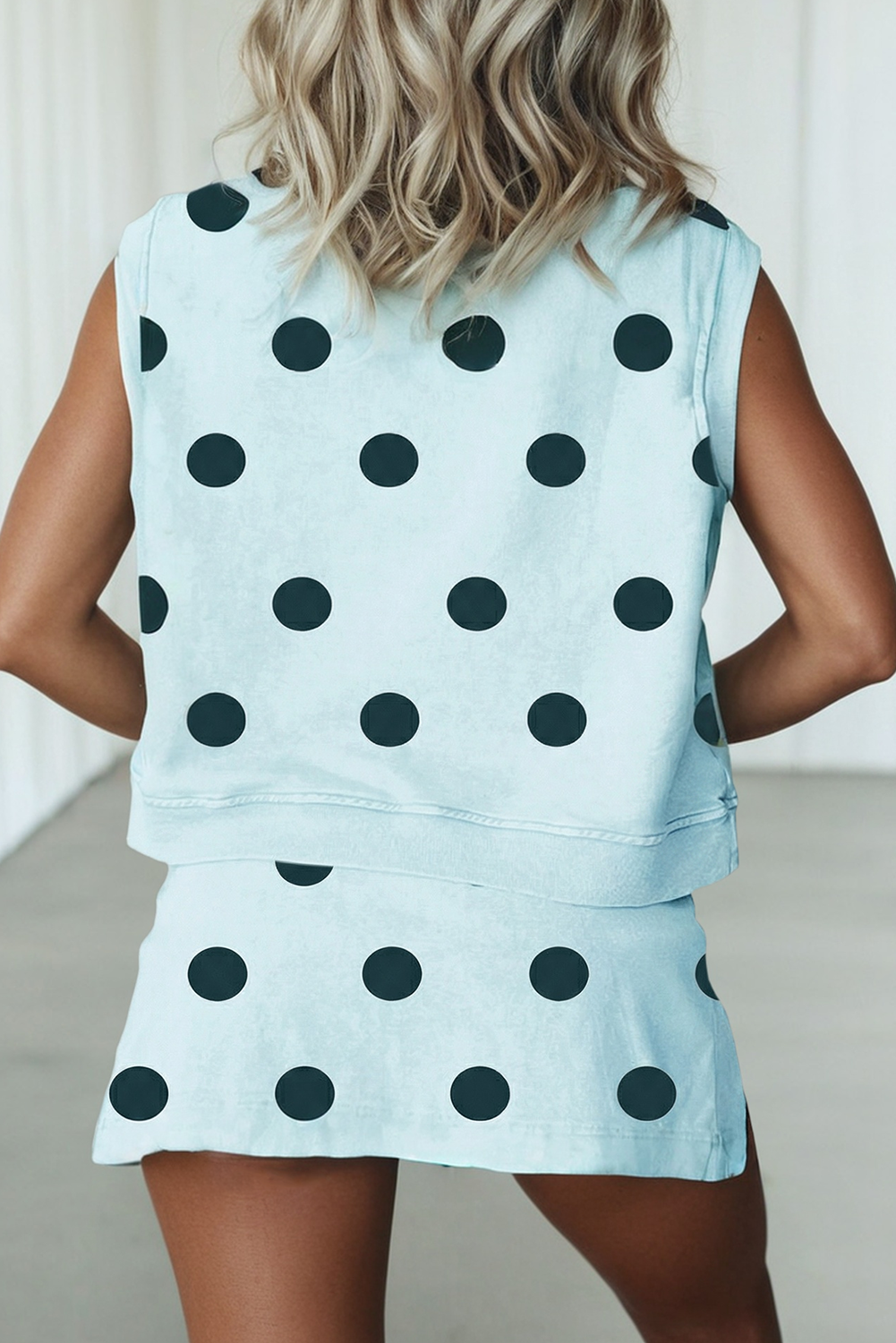 LAS Ribbed Trim Polka Dot Tank Split Mini Skort Set(S-4X): Blue / Missy / L