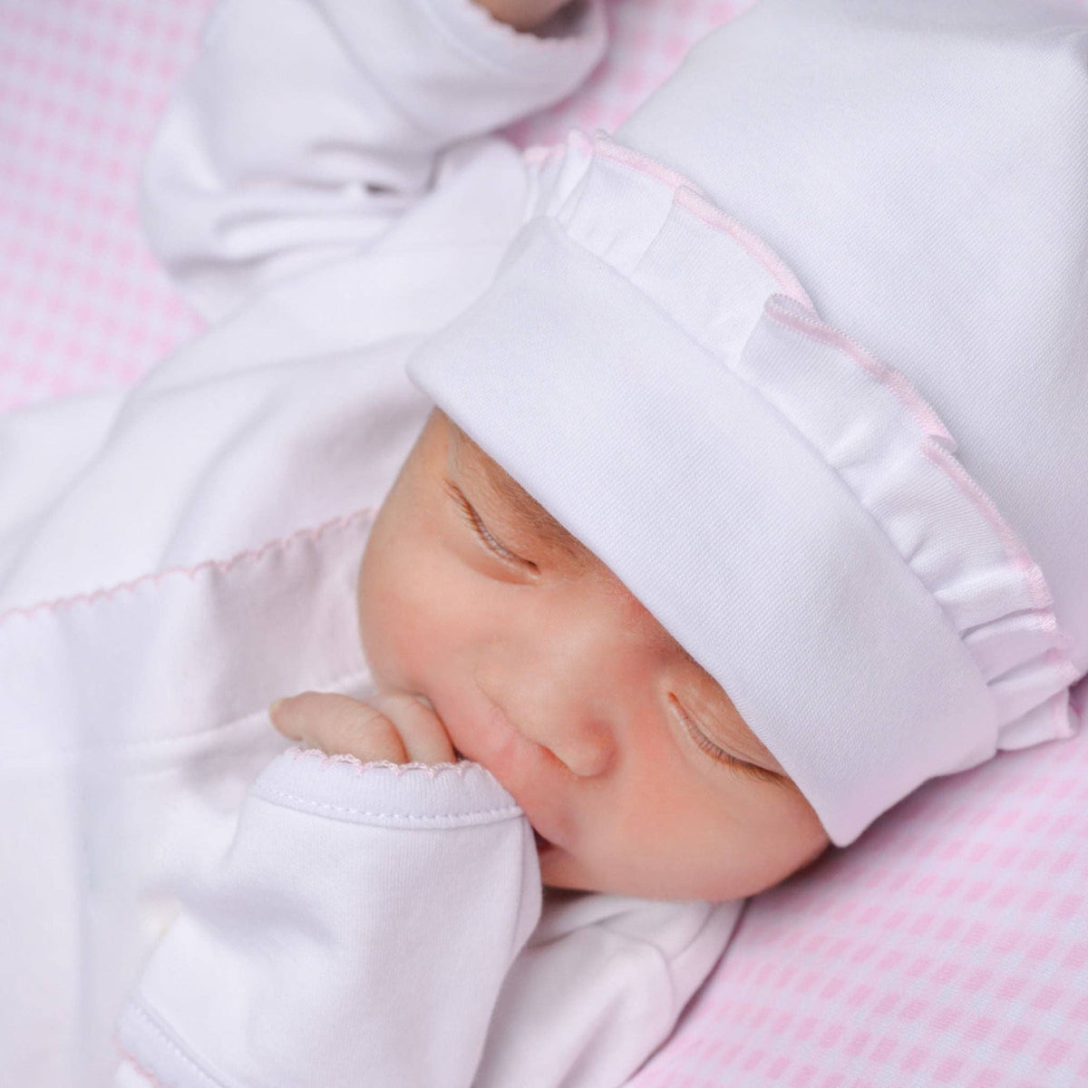 Essentials White Ruffle Hat with Pink Trim