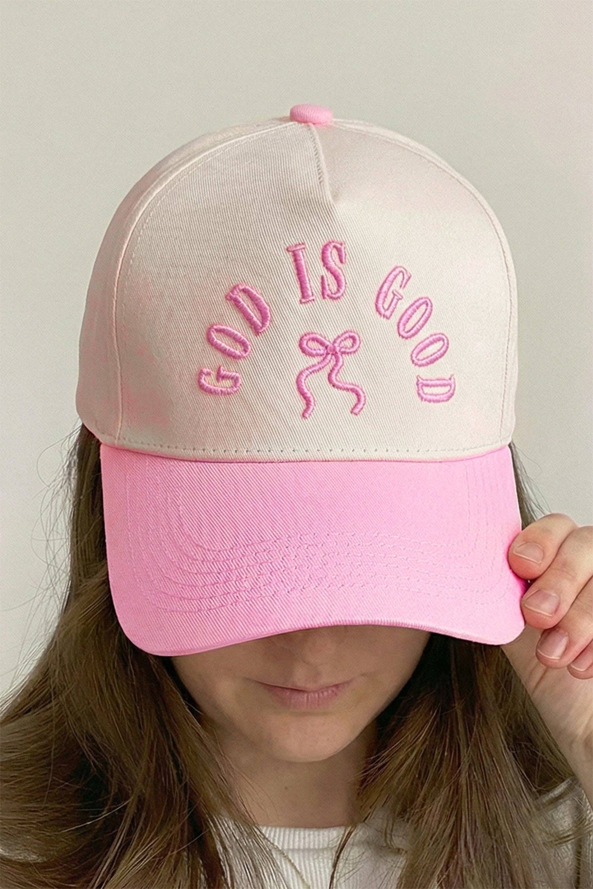 Pink GOD IS GOOD Embroidered Bow Color Block Baseball Cap