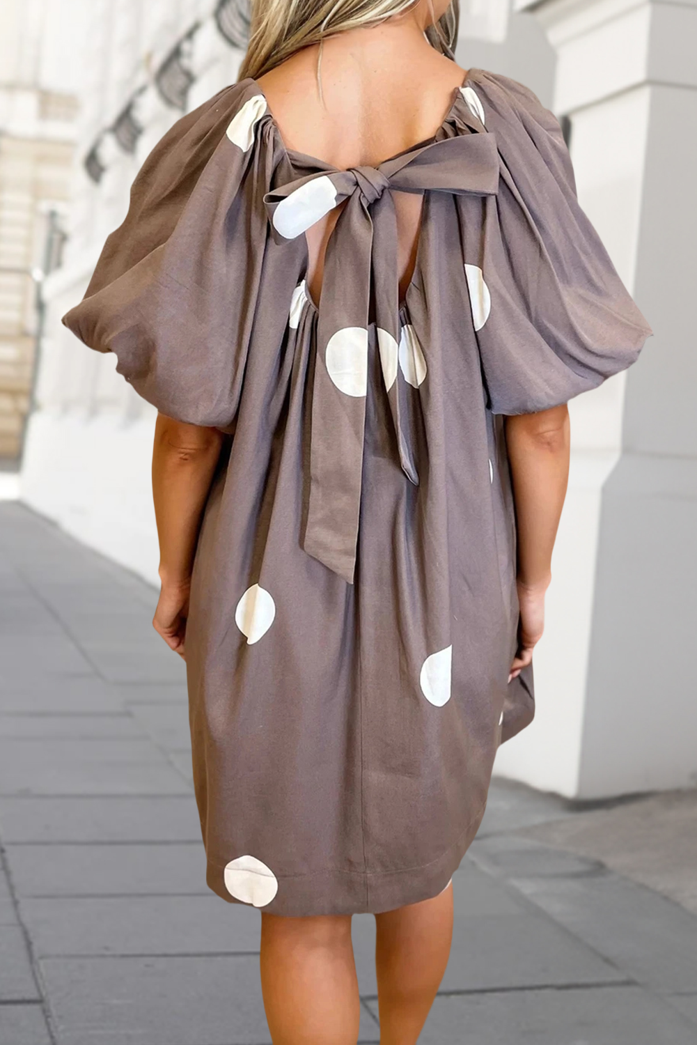 Polka Dot Knot Back Short Puff Sleeve Mini Dress  | S-XL