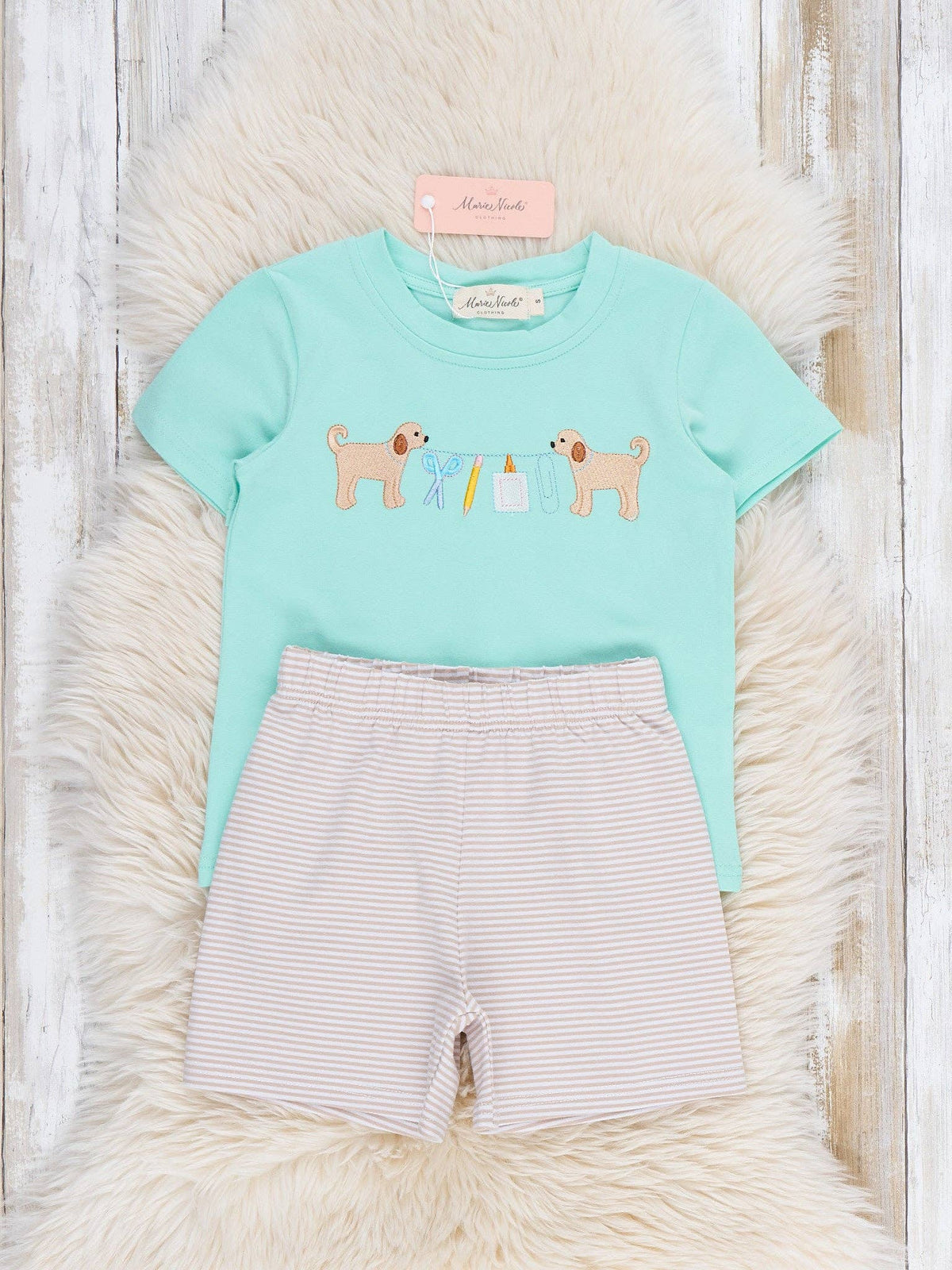 Adorable Dogs & School Supplies Embroidered Ruffle Outfit