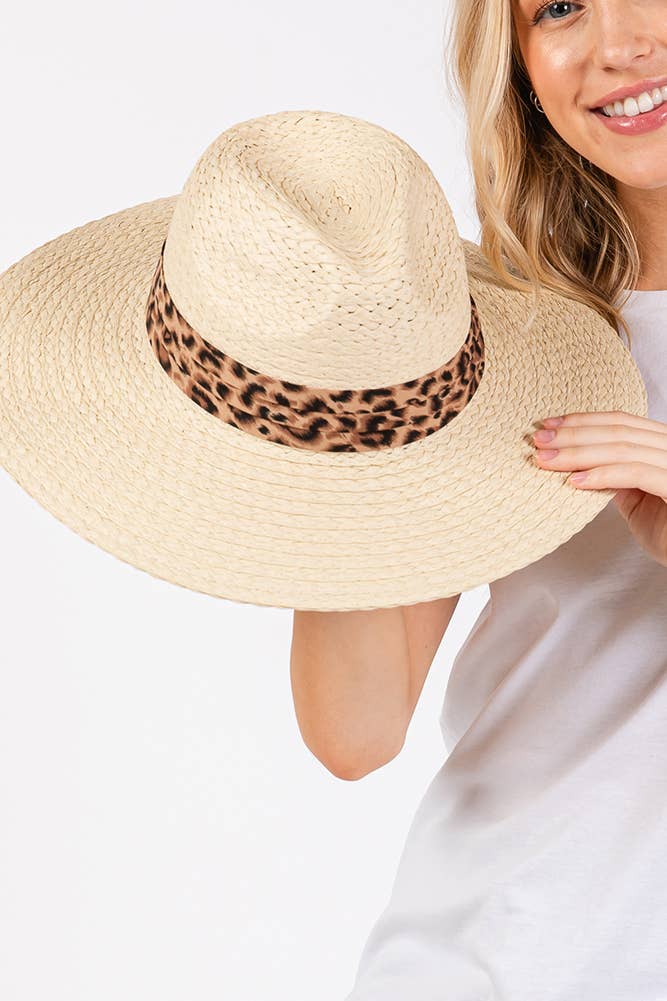 Leopard Trim Band Summer Straw Sun Hat