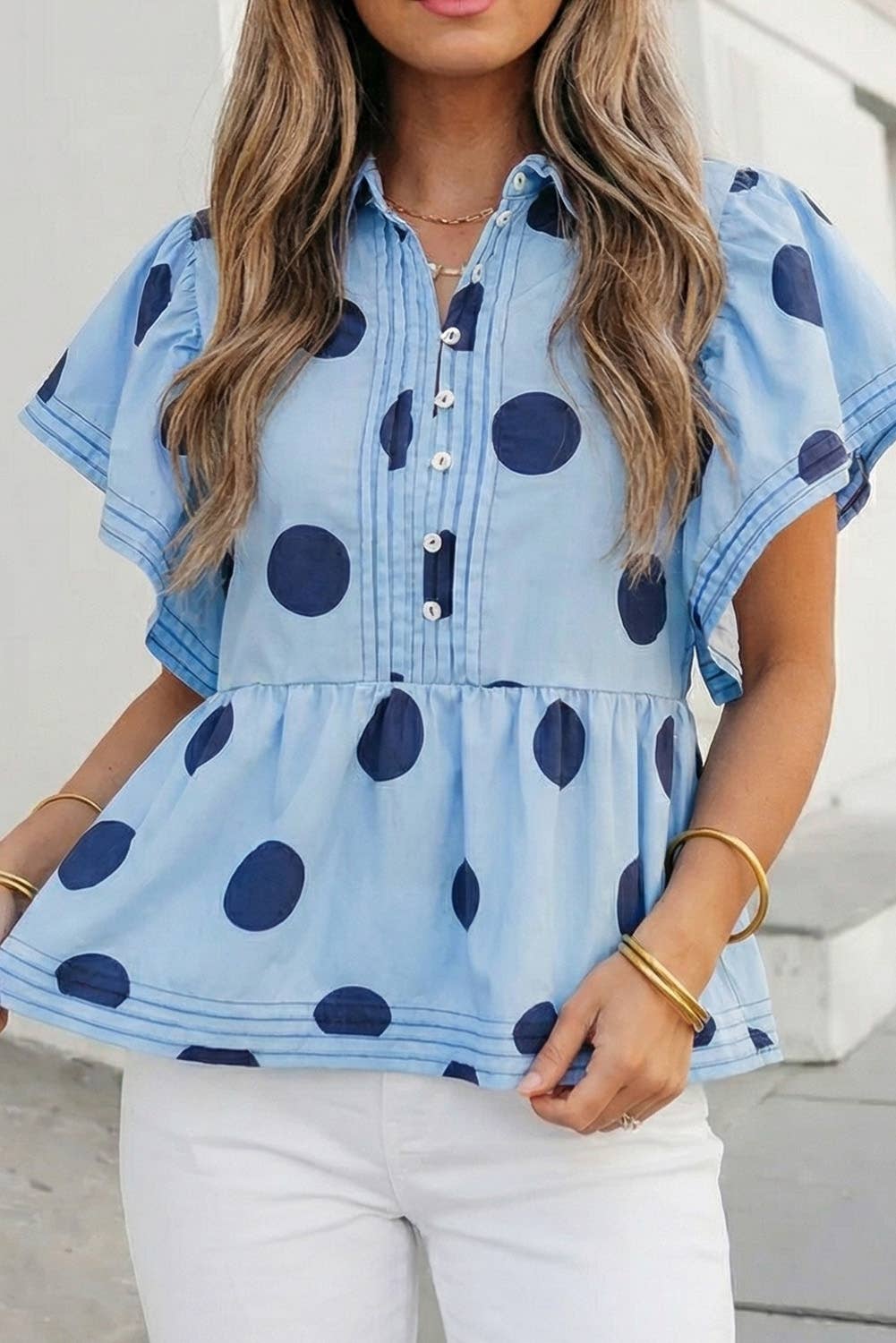 Polka Dot Print Ruffled Buttoned Summer Blouse | S-XL: As shown / Missy / XL