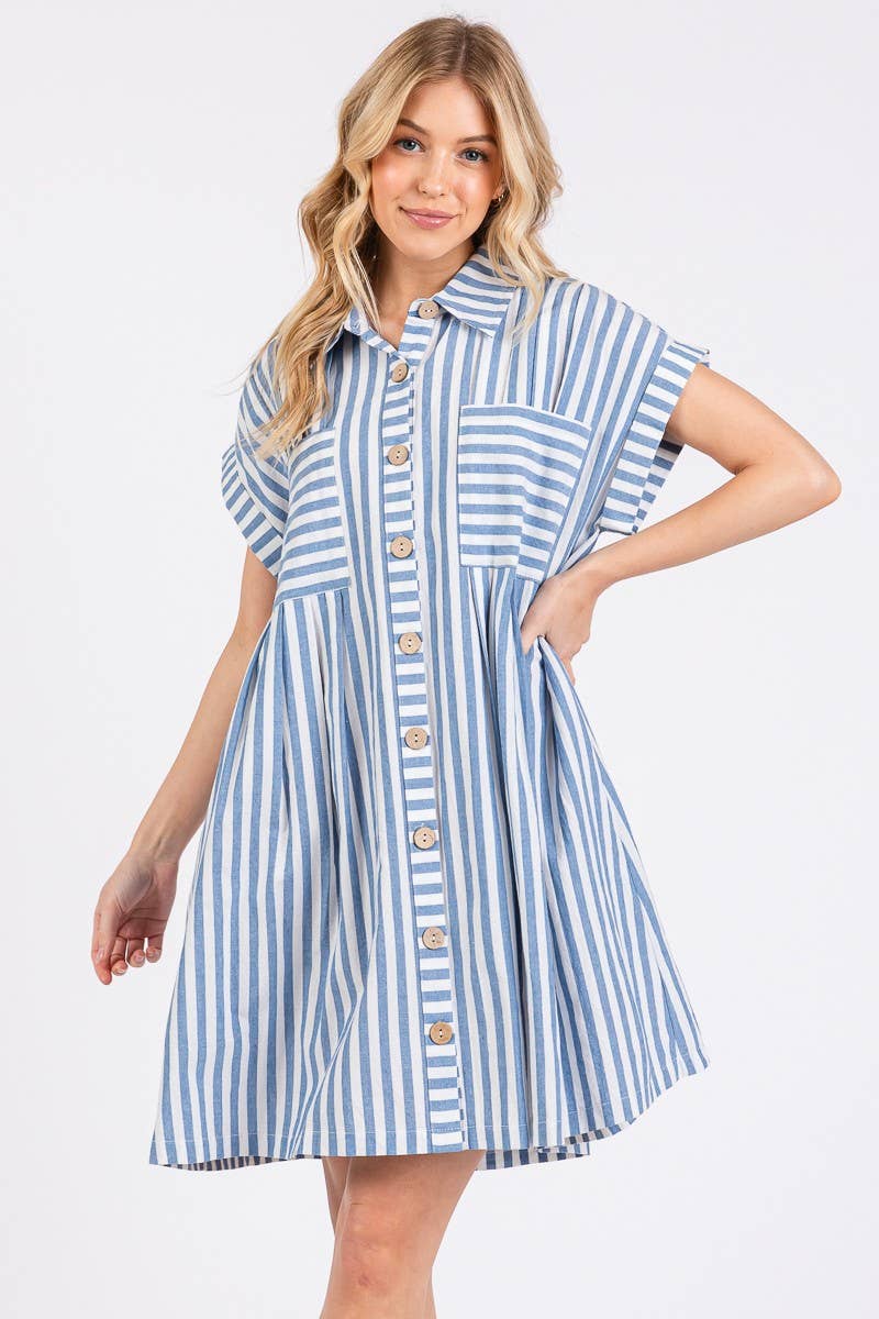 COTTON STRIPED BUTTON DOWN TUNIC DRESS