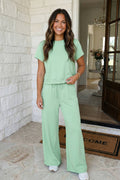 LAS Solid Loose Tee Drawstring Wide Leg Pants Outfits (S-XL)