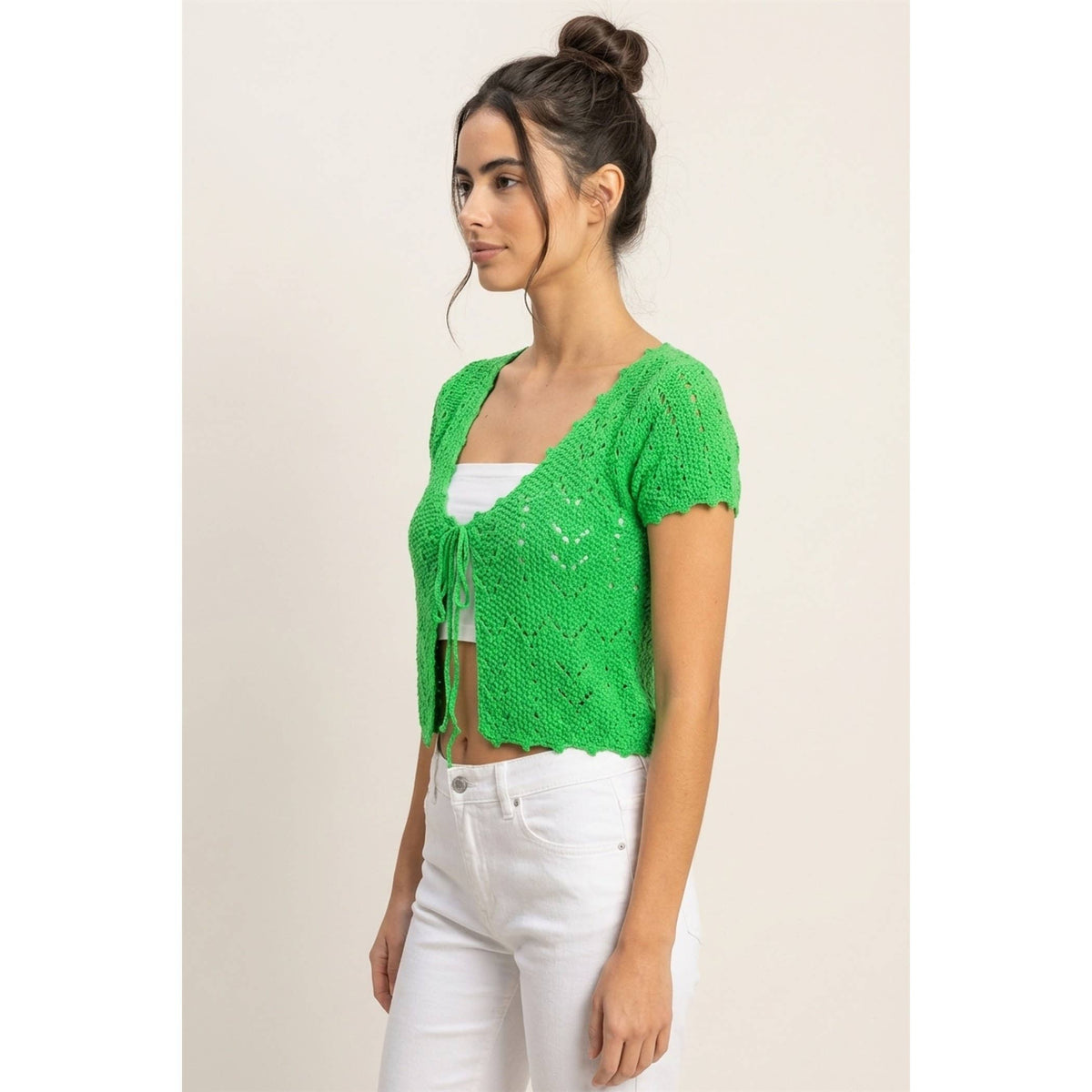 Pointelle Tie Front Knit Cardigan