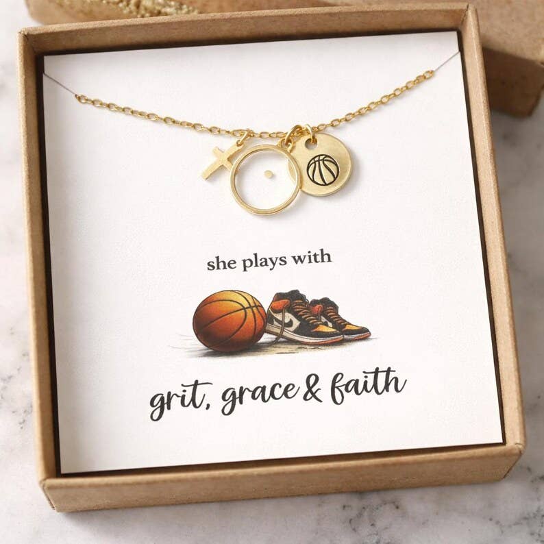 Basketball Cross Mustard Seed Necklace for Girl – Faith Based Basketball Player Gift, Christian Athlete Jewelry, Senior Night Gift