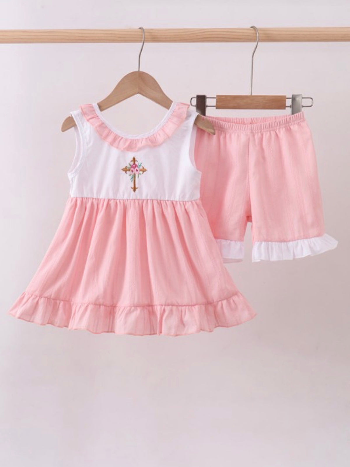 Pink Cross Jacquard Embroidery Shorts Set