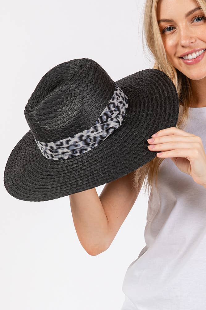 Leopard Trim Band Summer Straw Sun Hat
