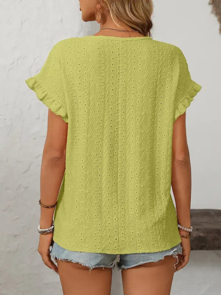 Solid Color Crewneck Hollow-Out Short-Sleeve Top: Turquoise blue / 65%Polyester+30%Viscose+5%Elastane / L