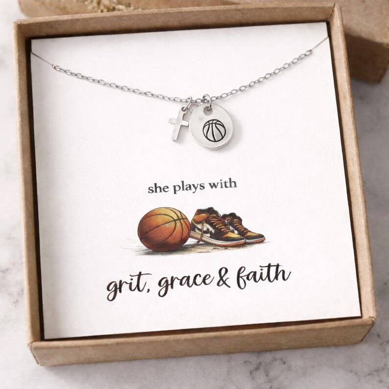 Basketball Cross Mustard Seed Necklace for Girl – Faith Based Basketball Player Gift, Christian Athlete Jewelry, Senior Night Gift