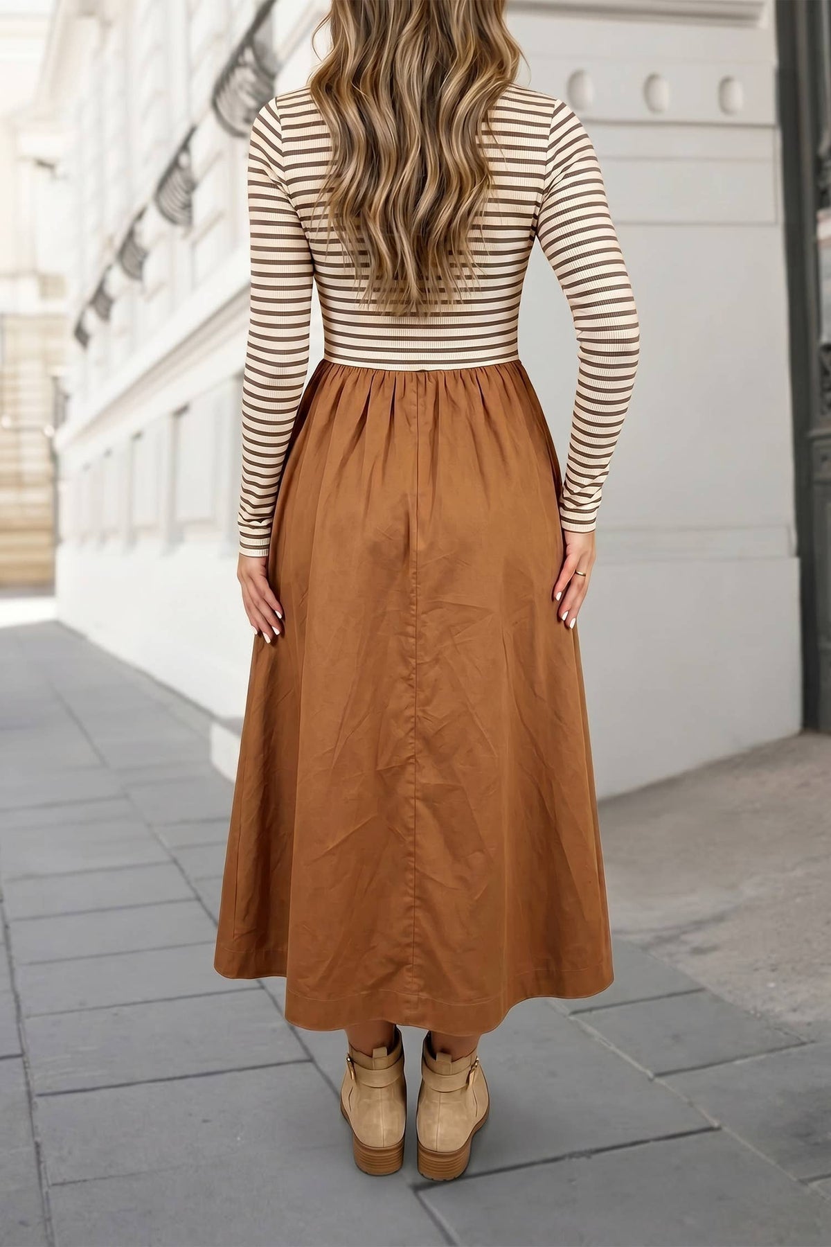 Striped Print Ribbed Knit High Waist Maxi Dress FW26 | S-XL