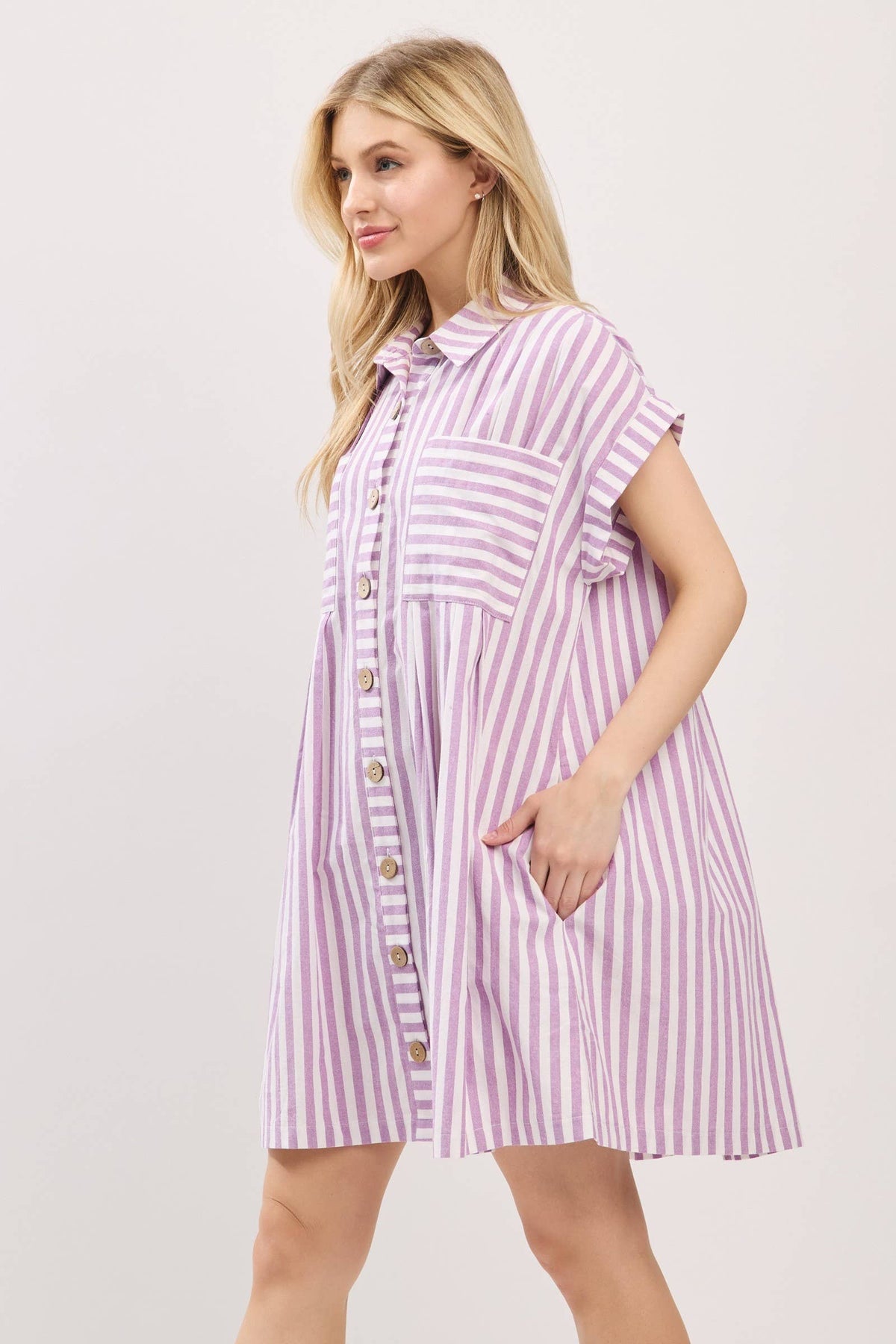 COTTON STRIPED BUTTON DOWN TUNIC DRESS