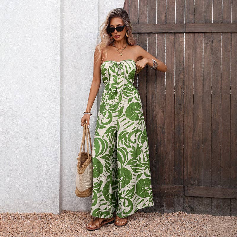 Women Strapless Tropical Print Wide Leg Jumpsuit Summer (M)