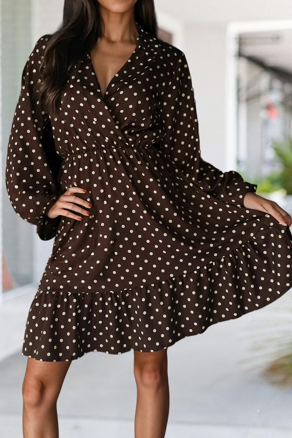 Polka Dot Wrap V Neck Ruffled Mini Dress | S-XL